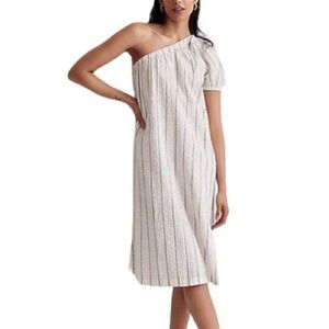 Madewell‎ One-Shoulder Puff-Sleeve Midi Dress Women's XS Blue Striped NWT
